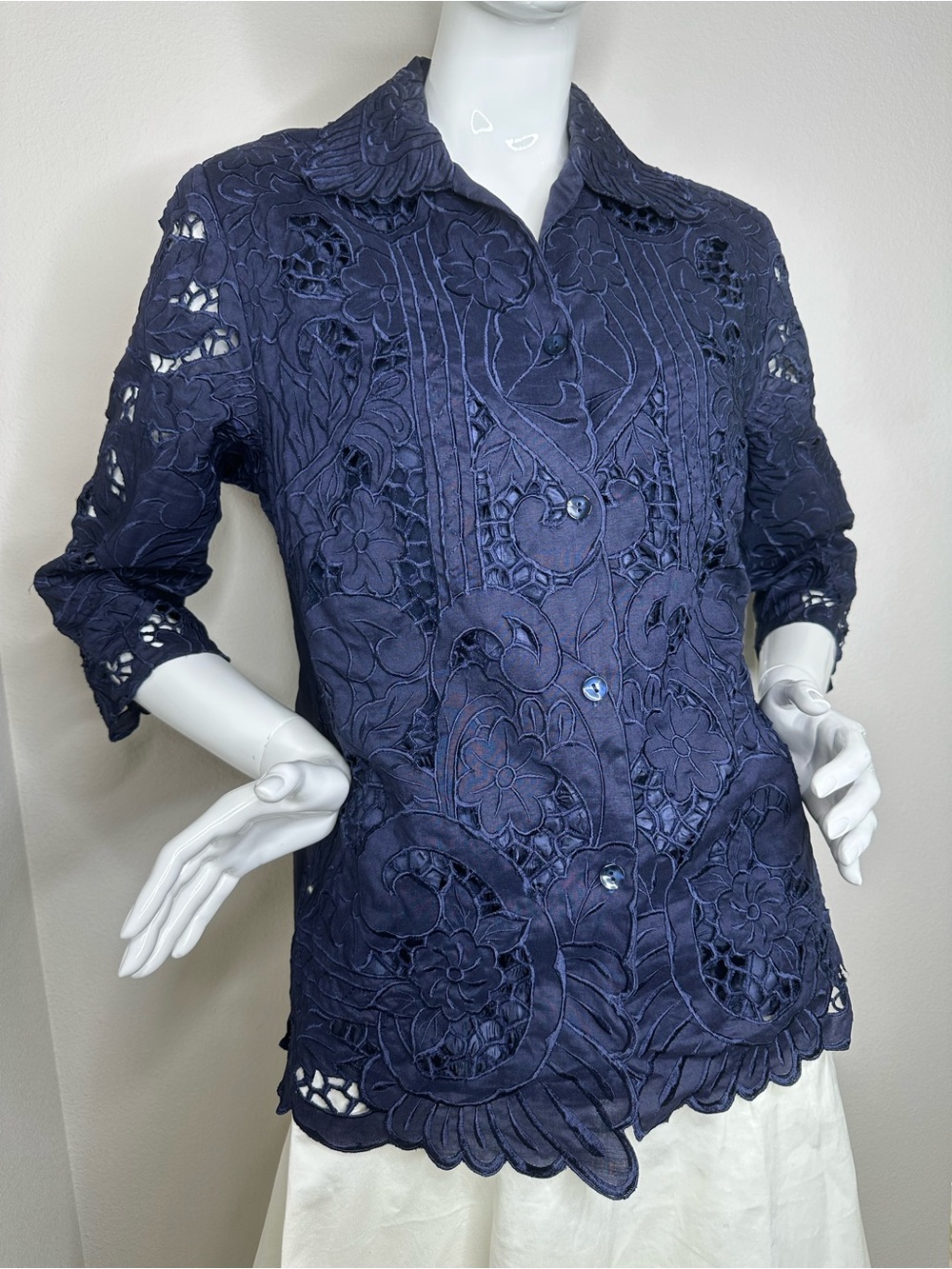 Lino USA Linen Shirt Jacket Navy Blue Eyelet Floral Button Up 3/4 Sleeve Boho S
